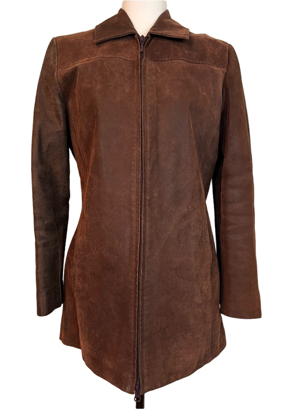 Danier Brown Suede Leather Zip Front Coat XS 6-8 Quilted Lining 70s Minimalist
